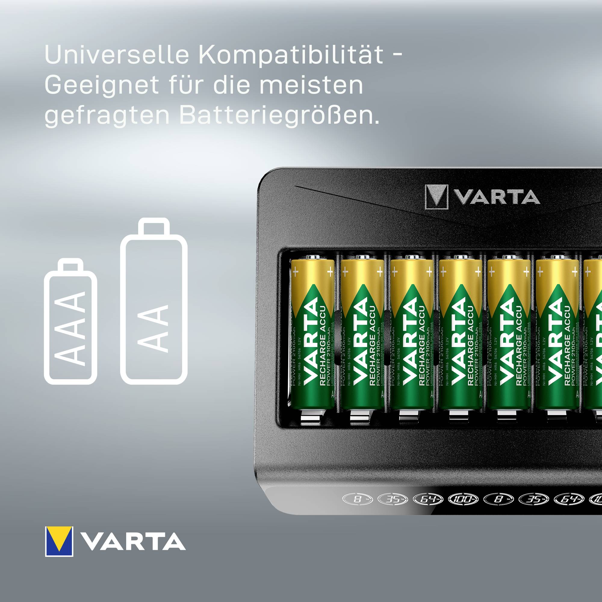 Batteries VARTA dans un chargeur. Texte : Compatibilité universelle - les tailles de batteries les plus demandées.