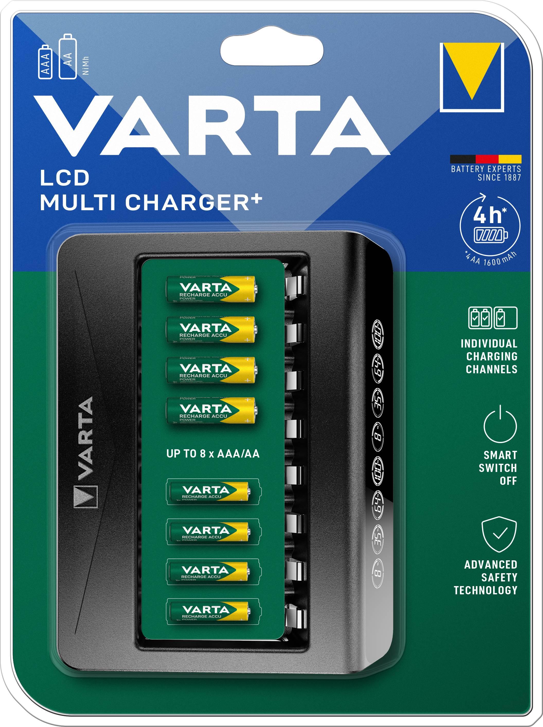 Die Verpackung zeigt einen VARTA LCD Multiladegerät. Er kann bis zu 8 AA/AAA-Batterien laden und verfügt über individuelle Ladeanschlüsse sowie fortschrittliche Sicherheitstechnologie.