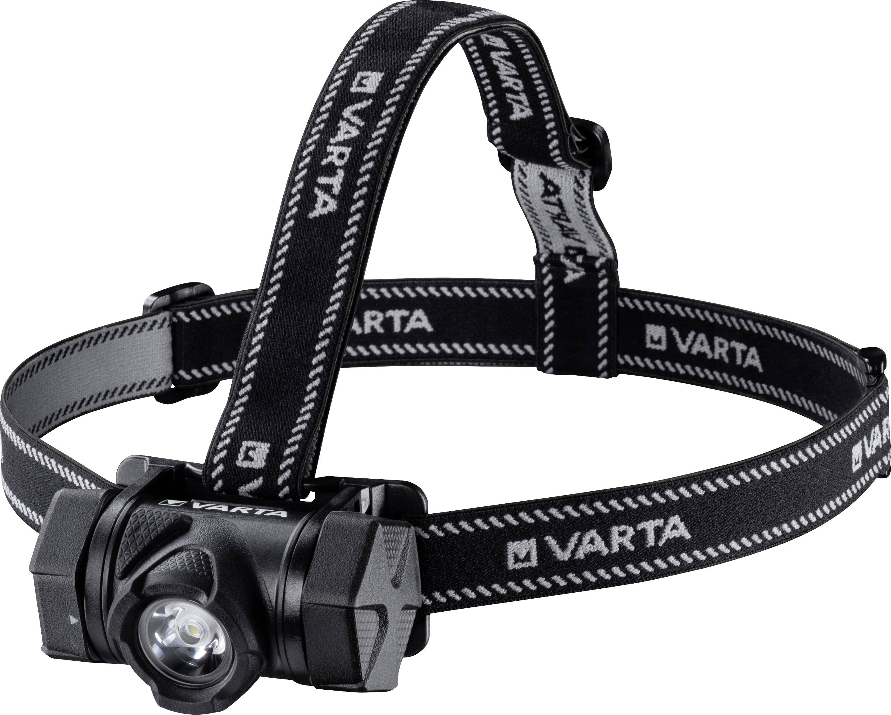 Lampe frontale noire de Varta avec bandeau réglable et éclairage LED central.