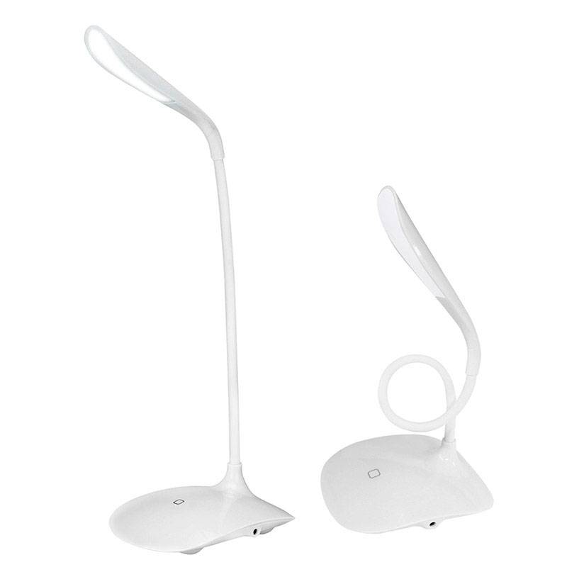 Une lampe de bureau LED blanche en deux vues : une fois incurvée et une fois droite. Design élégant et moderne avec panneau de commande tactile.