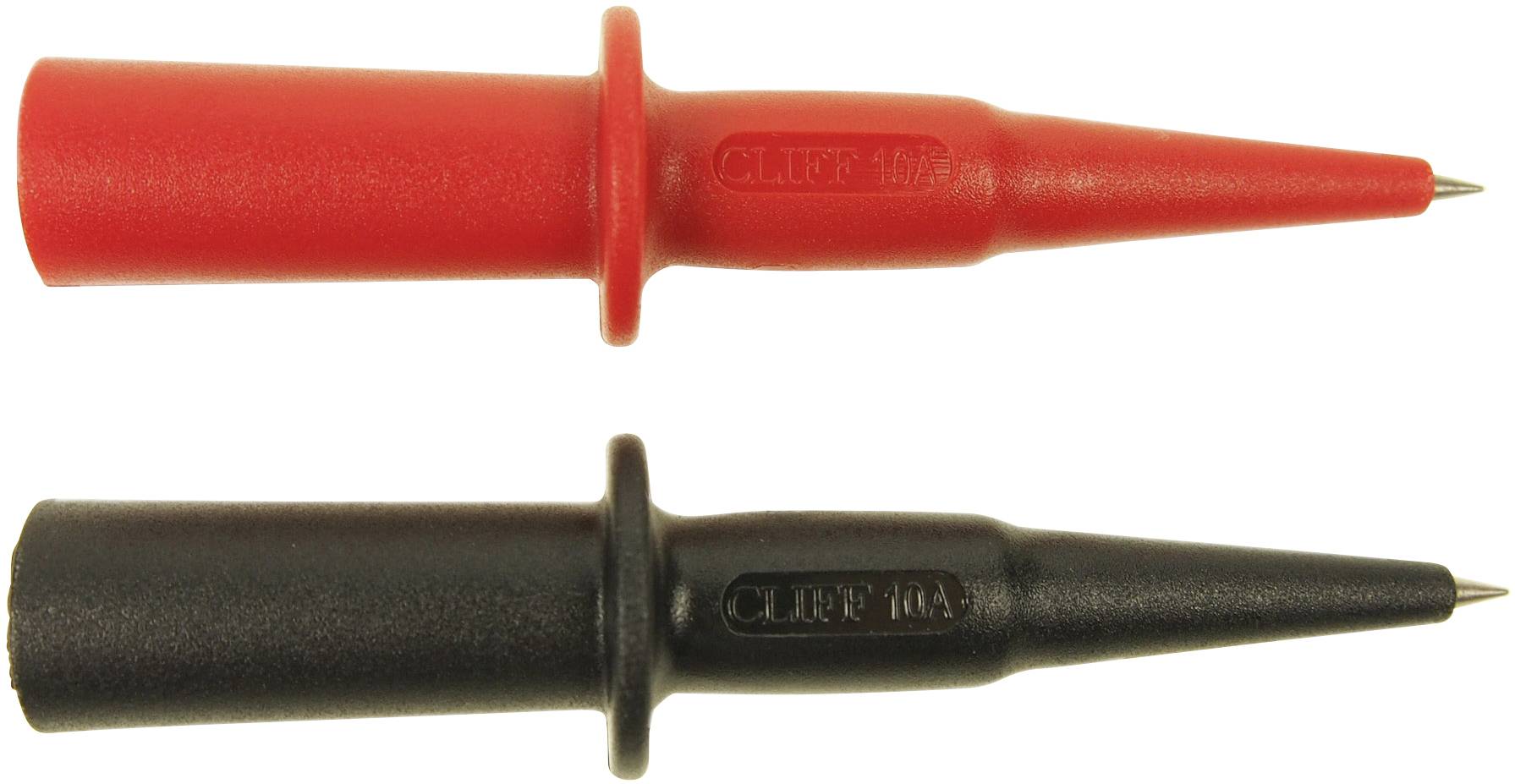 Deux pointes de test colorées : une rouge en haut et une noire en bas, toutes deux avec des extrémités pointues pour les tests électriques.