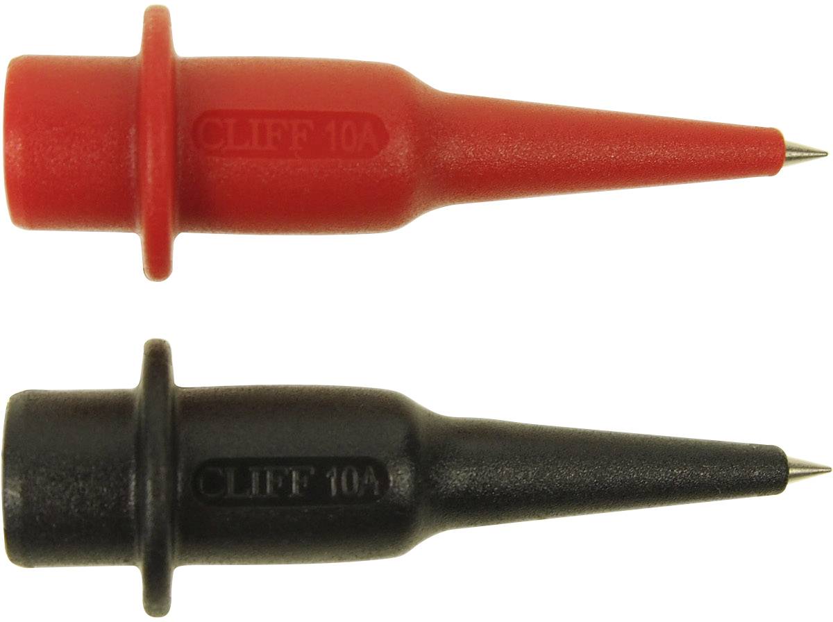 Deux pointes de test, une rouge et une noire, portant l'inscription 'CLIFF 10A', utilisées pour des mesures électriques.