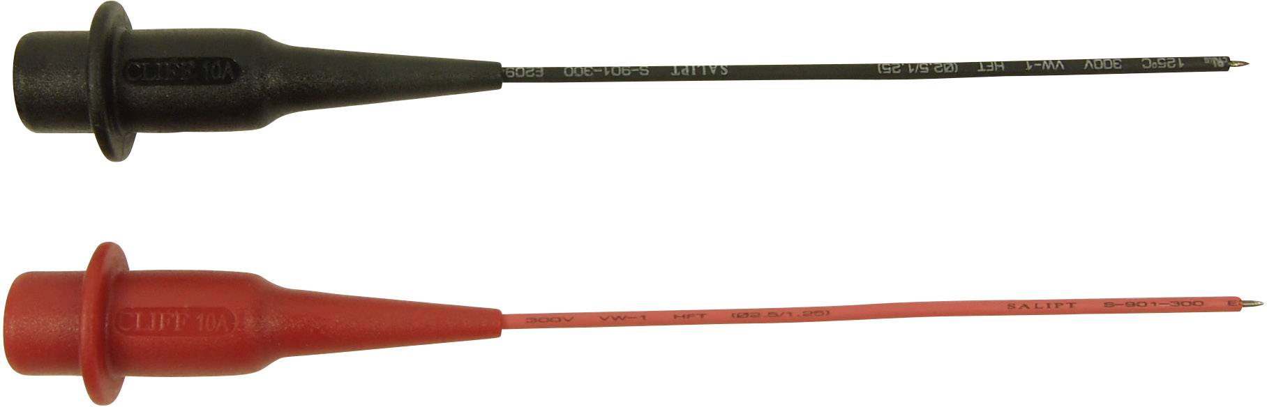 Deux fils de mesure, un noir et un rouge, posés côte à côte. Ils sont munis de poignées en plastique et de pointes métalliques pointues.