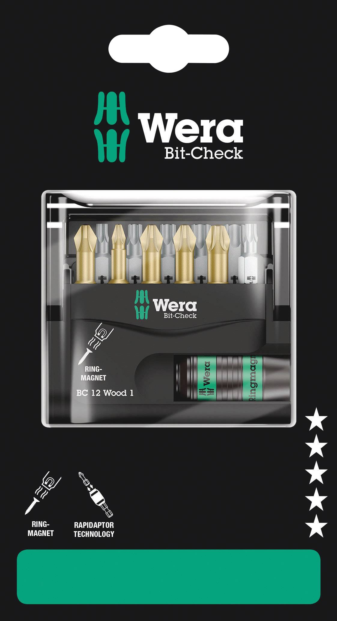 Ensemble de forets Wera Bit-Check dans son emballage, présentant différents embouts et support ; comprenant des détails sur le nom du produit, ses caractéristiques et son design.