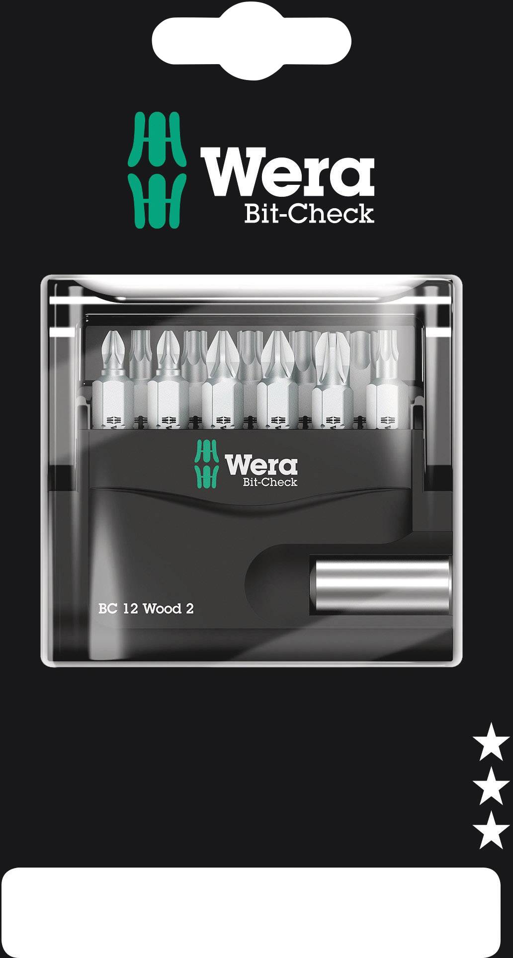 Un ensemble de embouts dans un étui en plastique, marqué 'Wera Bit-Check', présente différentes tailles d'embouts et un porte-embouts.