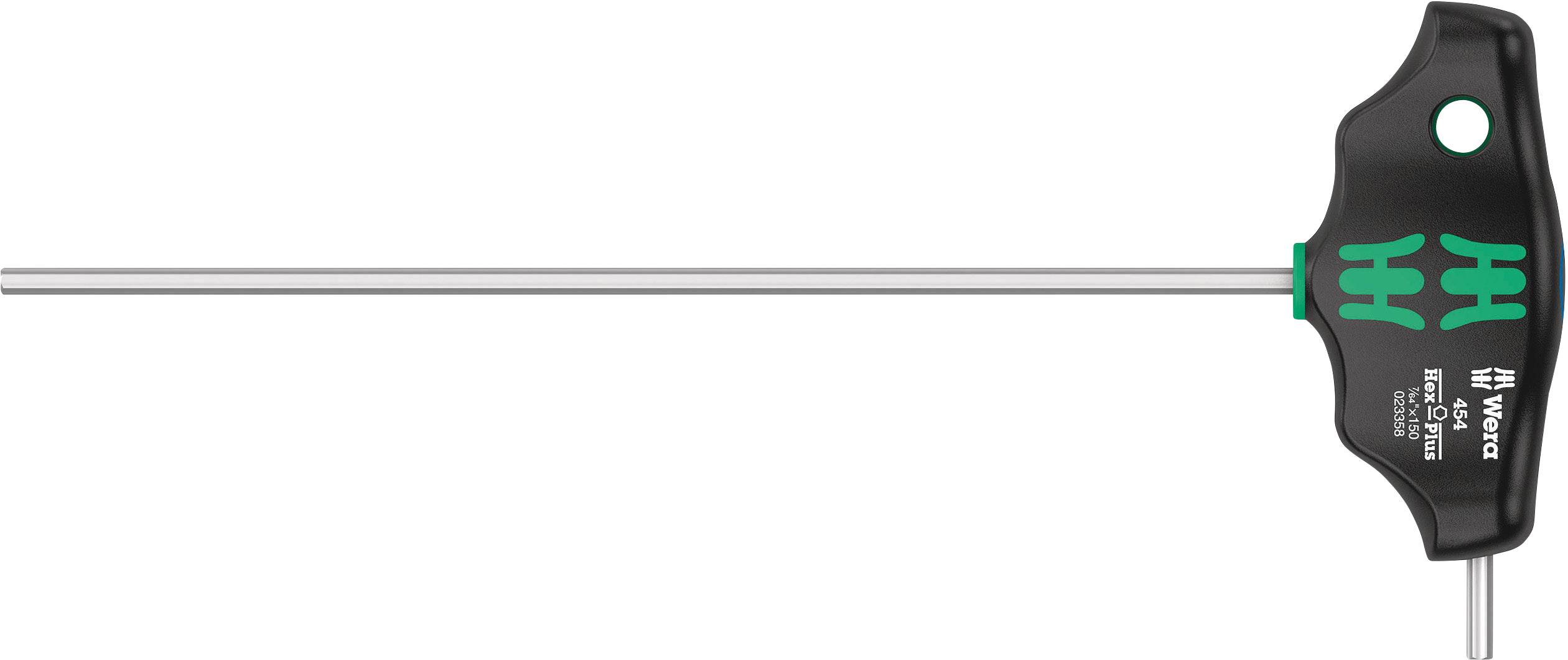 Un tournevis Wera en forme de L, long, avec poignée en T, à manche noir et accents verts, adapté pour les vis Torx.