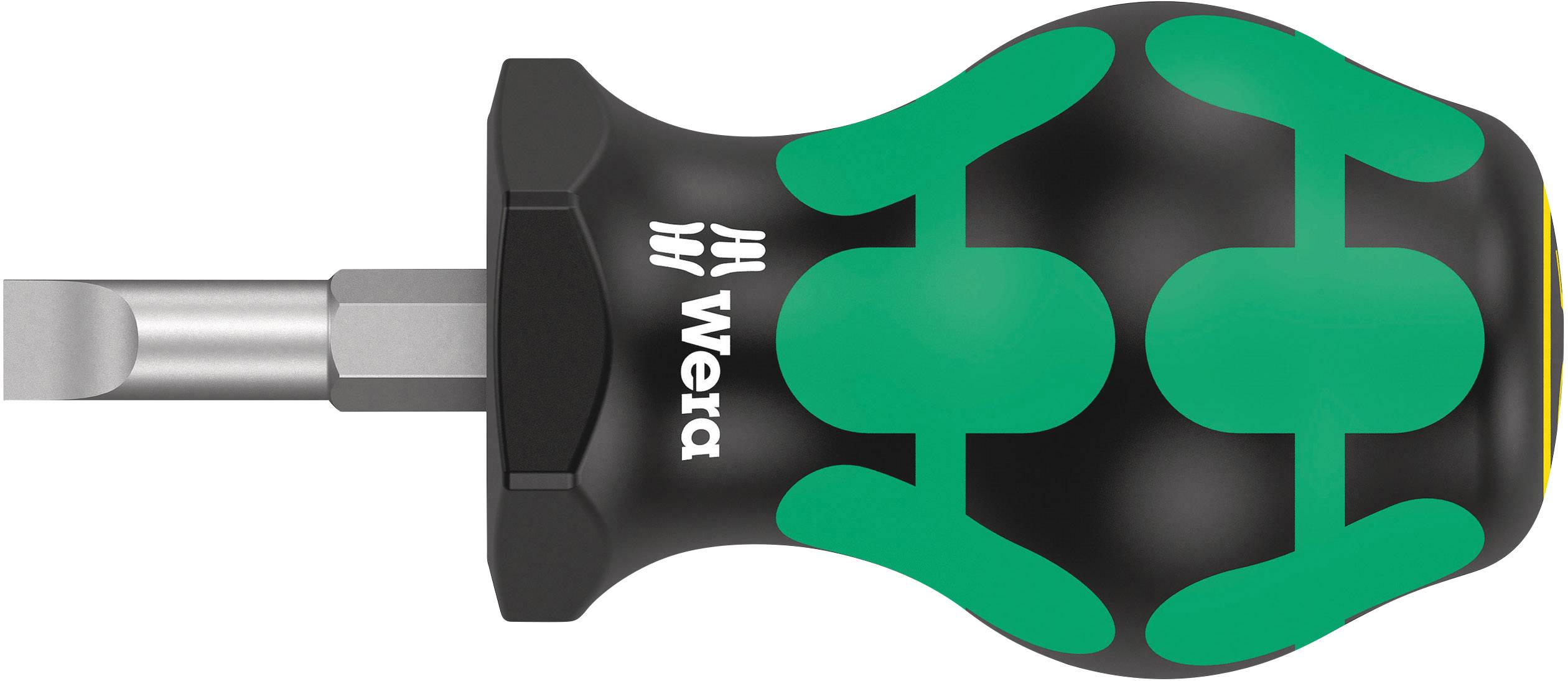 Tournevis à poignée ergonomique, design noir et vert, lame courte pour un vissage précis. Marque 'Wera' visible.