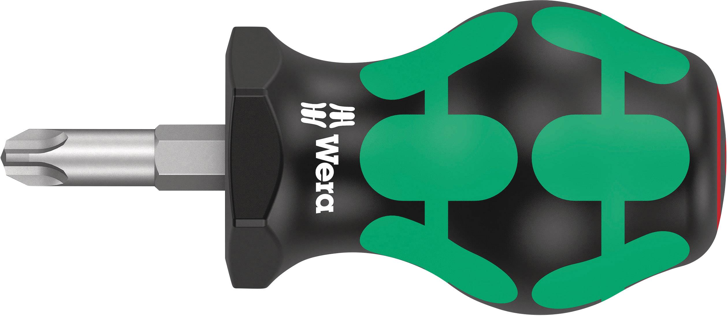 Un tournevis à main avec une poignée vert et noir et un embout cruciforme. La poignée porte l'inscription 'Wera'.