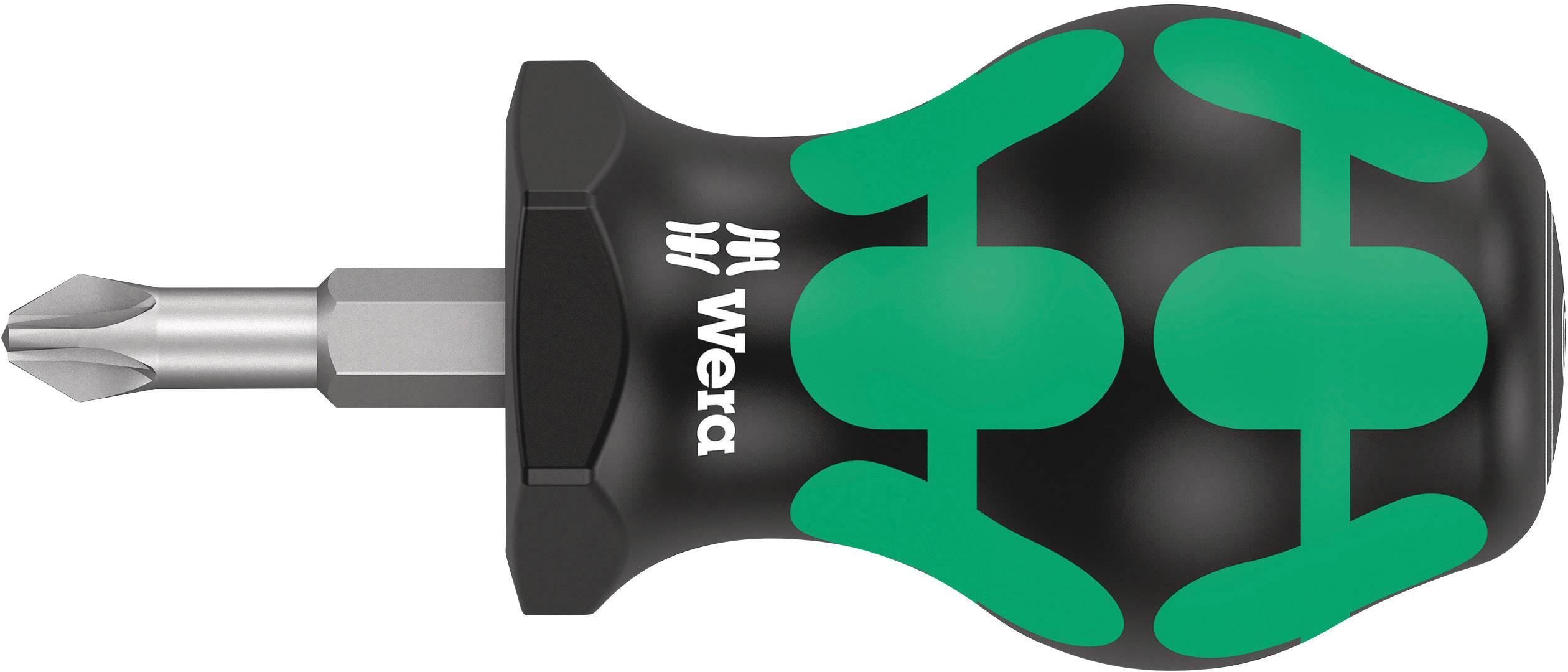 Tournevis avec manche ergonomique noir et vert et embout cruciforme. Le nom de marque 'Wera' est visible sur le manche.