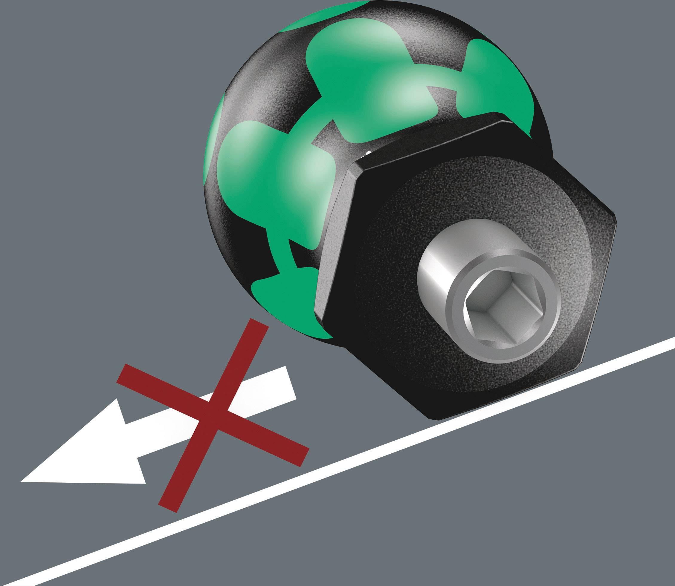Une tête de vis hexagonale noire avec un motif vert et un insert métallique coudé sur un fond gris ; un X rouge indique la mauvaise direction.