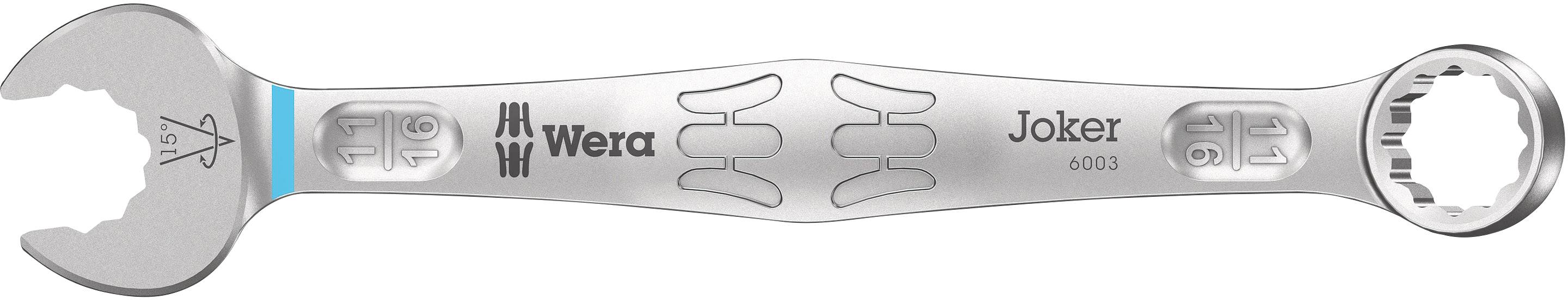 Une clé à molette en argent de la marque Wera, modèle Joker 6003. À gauche, une extrémité ouverte, à droite, une clé polygonale.