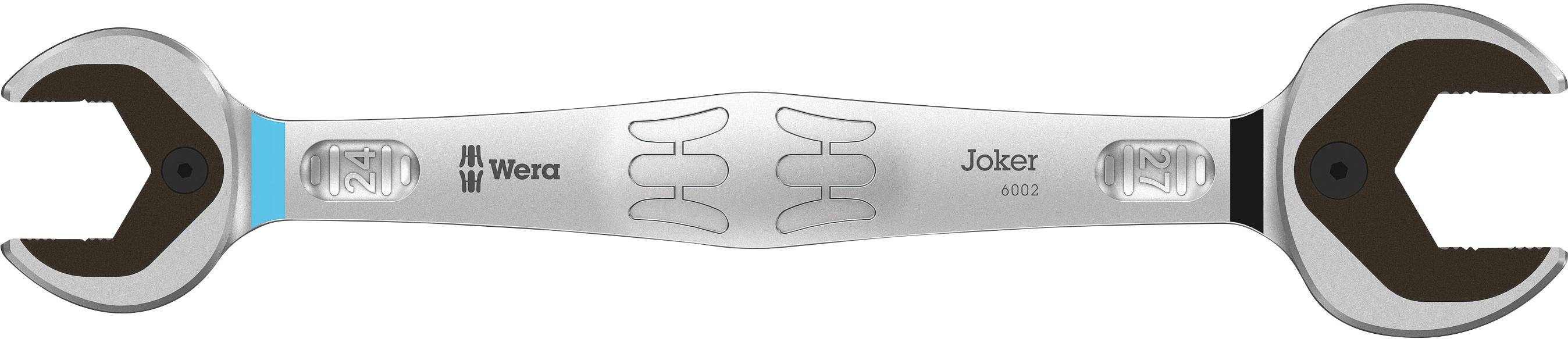 Une clé à double fourche en argent avec deux extrémités ouvertes, marquée 'Wera' et 'Joker 6003'.