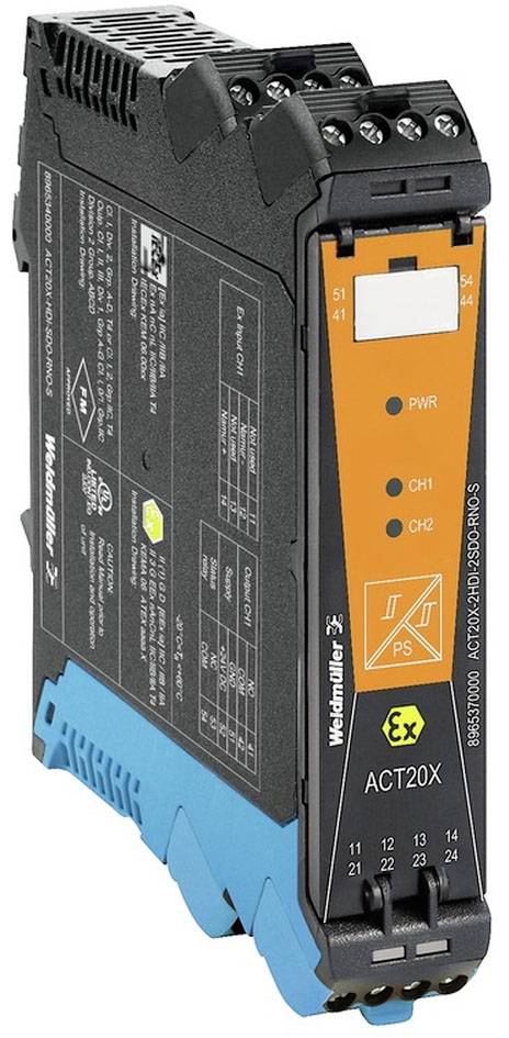 Convertisseur de courant industriel de Weidmüller, modèle ACT20X. Conception compacte, noir avec panneau frontal orange.