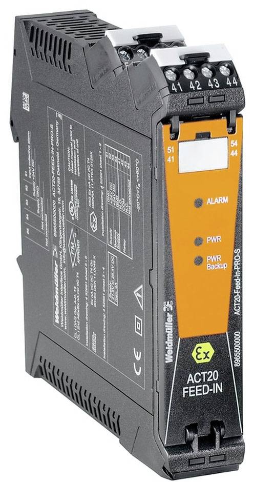 Appareil industriel avec des étiquettes 'Alarme', 'PWR' et 'PWR Backup', modèle 'ACT20 FEED-IN'. Nom de marque visible en haut.