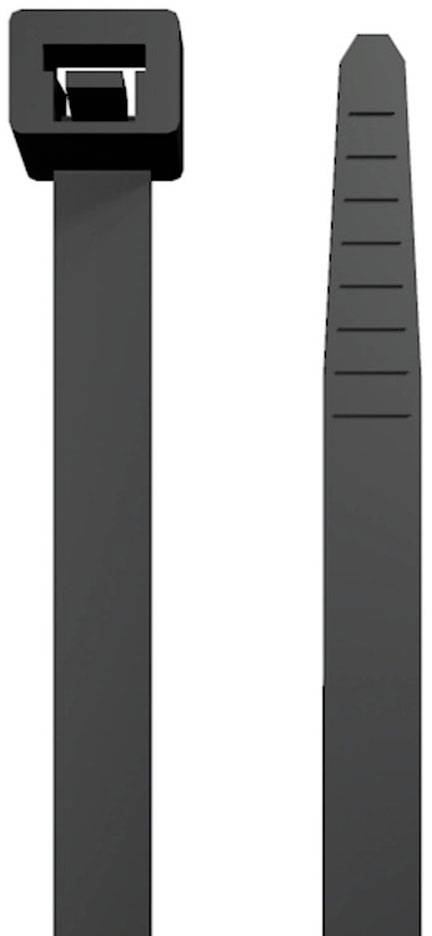 Collier de câble noir à fermeture à déclic, côté fermeture à gauche, côté denté pour l'insertion à droite.