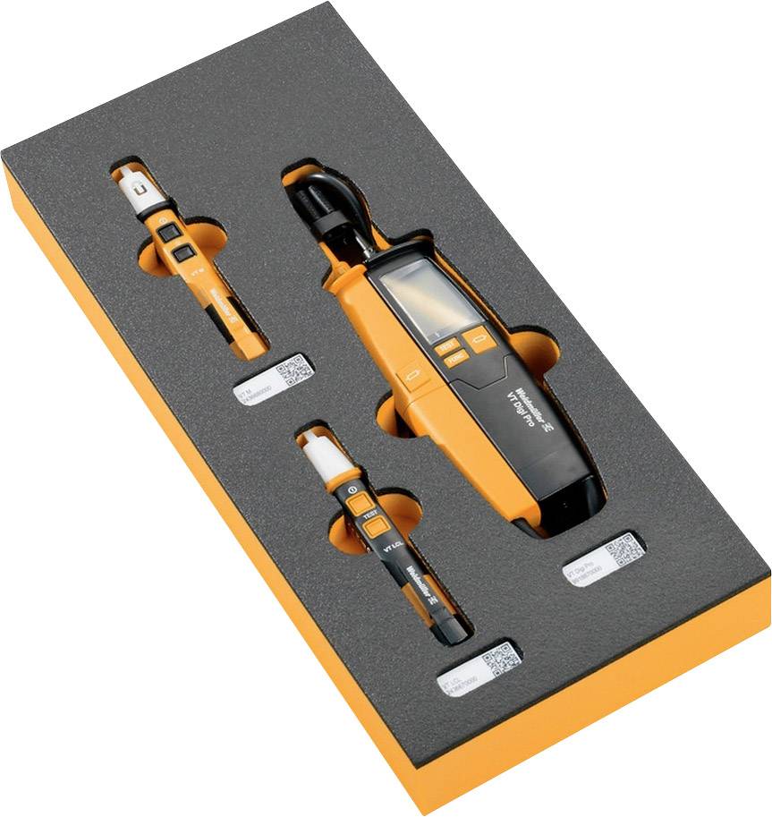 Ensemble de dispositifs de mesure de température dans un coffret en mousse avec quatre appareils orange et noir ; l'un dispose d'un écran, trois sont des capteurs plus petits.