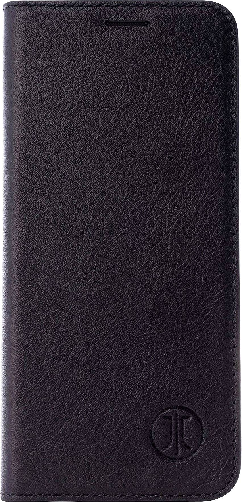 Étui de téléphone en cuir marron avec un logo imprimé en bas à droite de la face avant.