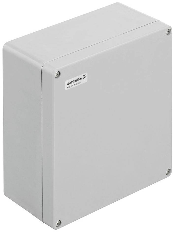 Boîtier électrique rectangulaire gris avec des vis de verrouillage aux coins.