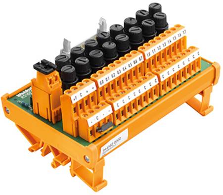 Un bornier électrique orange avec plusieurs entrées et sorties, adapté aux applications de câblage industriel.
