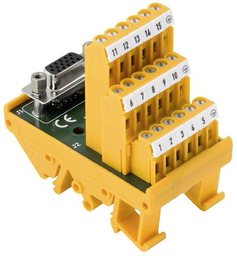 Composant électrique jaune avec des bornes numérotées et une interface de connexion. Utilisé à des fins de câblage en électronique.