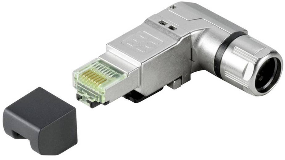Un connecteur RJ45 métallique coudé à 90 degrés, avec un capuchon de protection amovible, est posé sur un fond blanc.