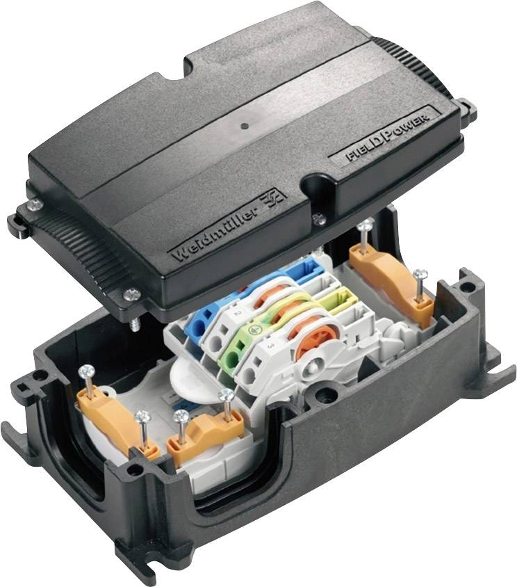 Un boîtier électrique noir est ouvert et montre des bornes de connexion colorées à l'intérieur. En haut, on peut lire 'Weidmüller' et 'FIELD POWER'.