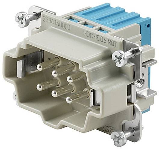 Un connecteur rectangulaire avec des pièces bleues et beiges, des broches métalliques et des connexions à vis, adapté aux applications industrielles.