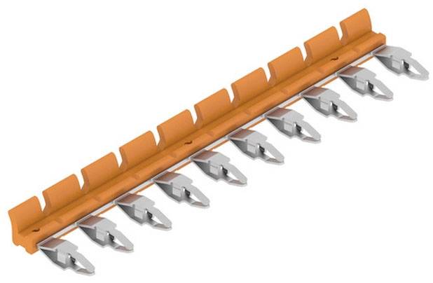 Une barre de coupe orange d'un taille-haie avec des lames argentées. Adapté à l'entretien des haies et des arbustes.