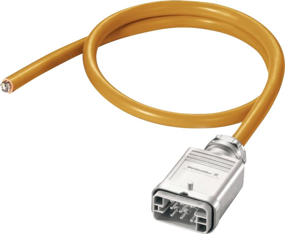 Un câble de connexion industriel orange avec un connecteur métallique à son extrémité, adapté aux raccordements de machines lourdes.