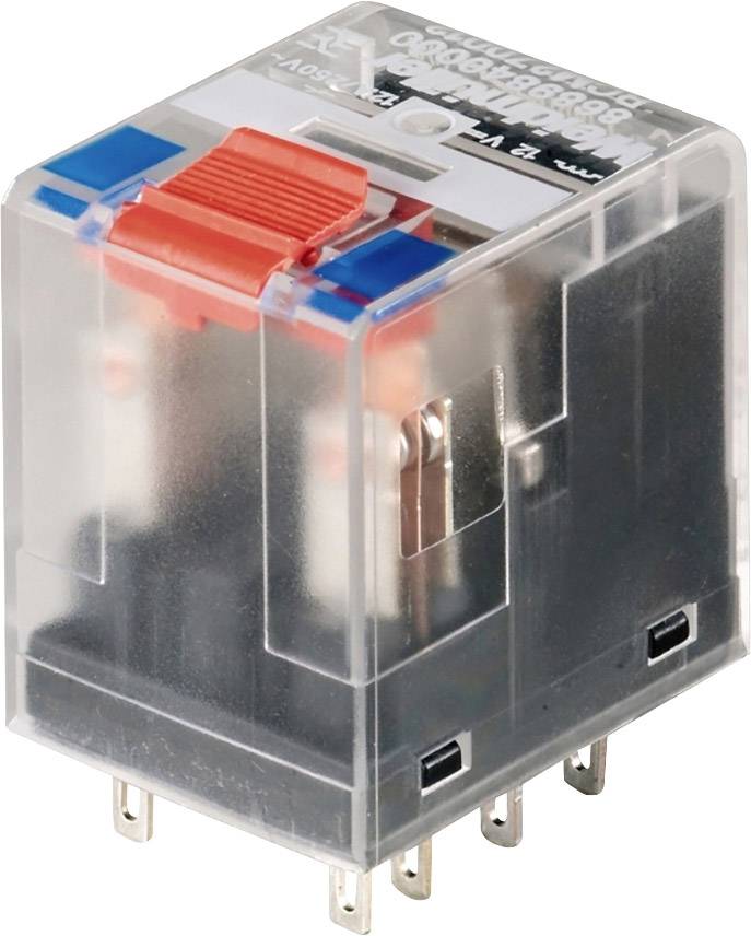 Un boîtier de relais transparent avec des éléments rouges et bleus, montrant des bobines et des contacts internes, servant à la commande électrique.