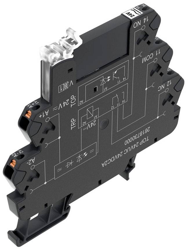 Module électronique étroit avec des symboles schématiques et des marquages en surface. Compact et adapté aux applications industrielles.