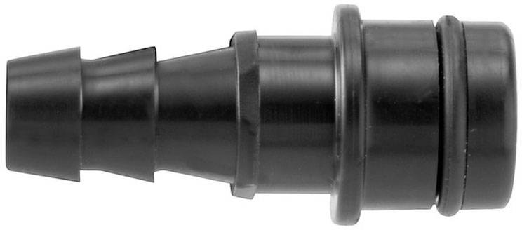 Un connecteur de tuyau en plastique noir, conique, avec plusieurs rainures, adapté pour le raccordement dans un système de distribution d'eau.