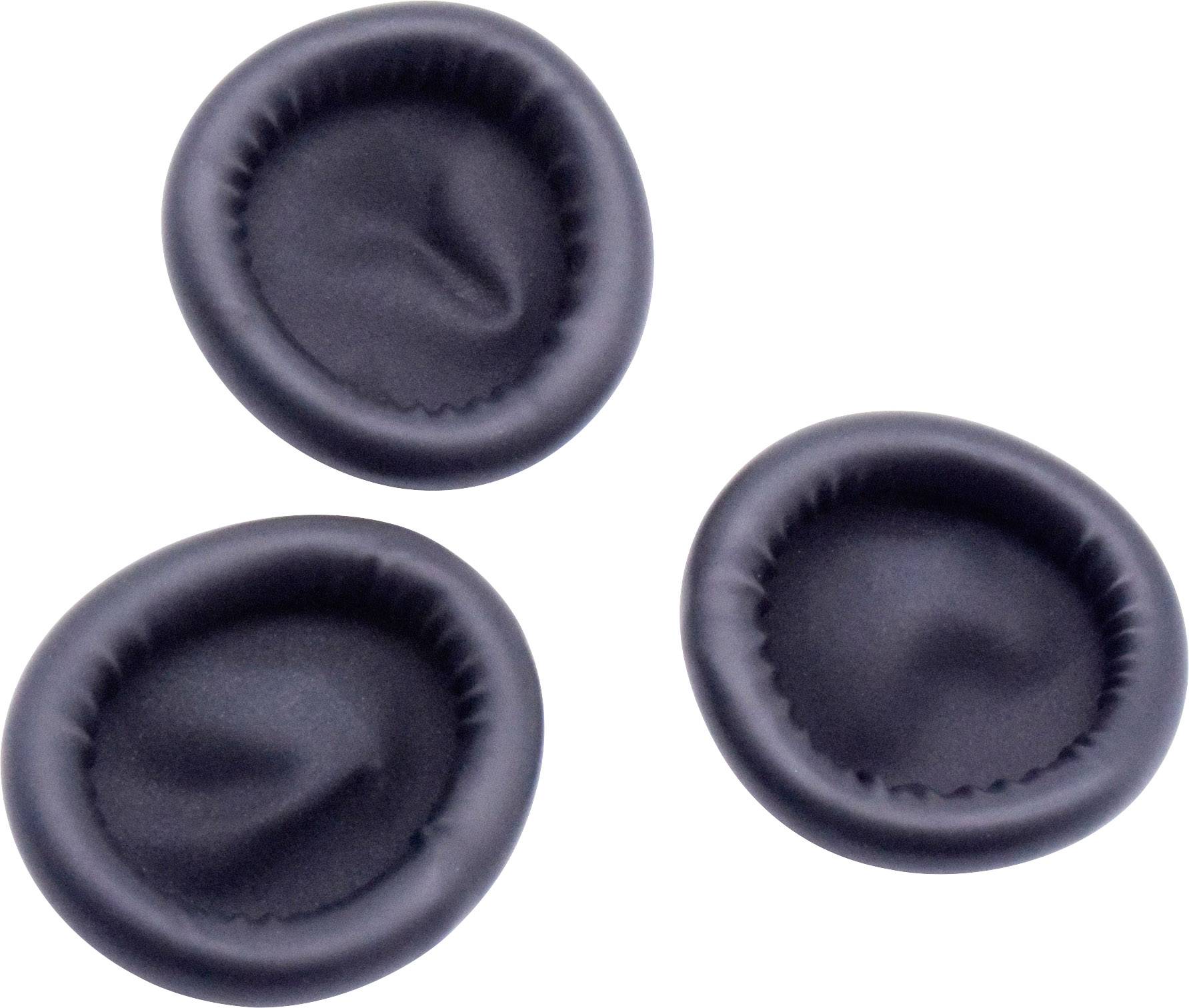 Trois coussinets d'écouteurs noirs, circulaires et rembourrés, probablement des pièces de rechange pour des casques audio, sur un fond blanc.