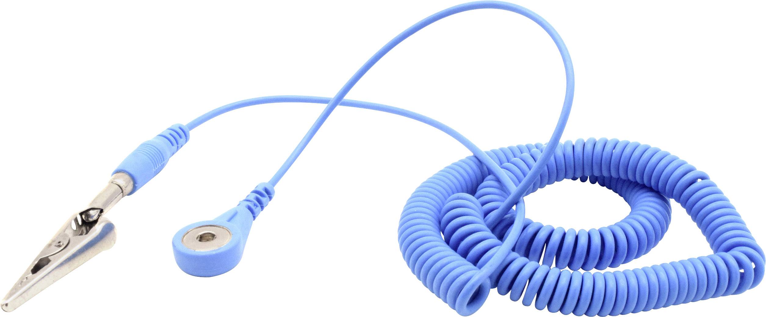Un câble de mise à terre bleu, spiralé, avec une pince crocodile et une connexion à bouton-poussoir, est utilisé pour la décharge électrostatique.