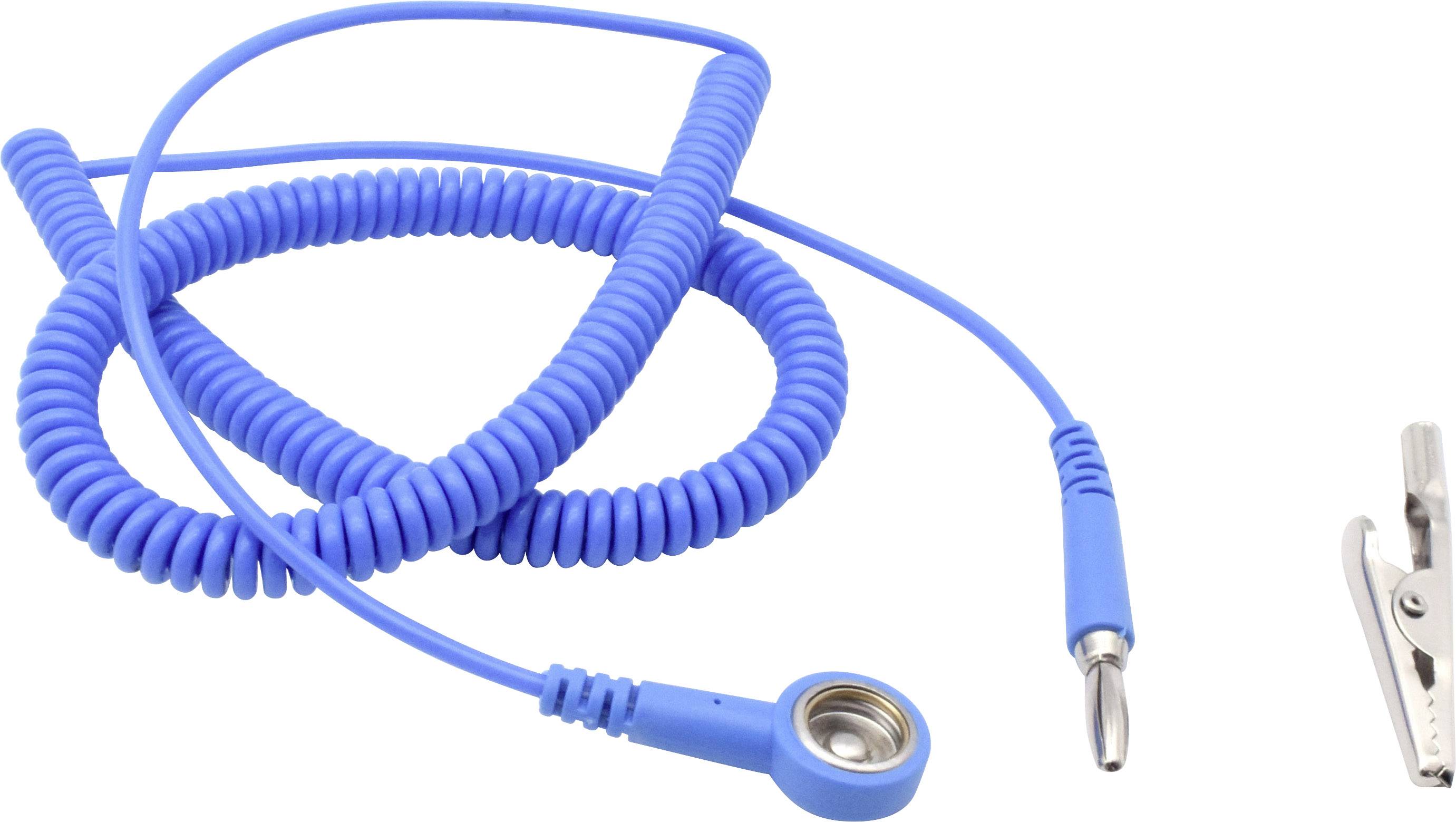 Un câble bleu spiralé avec des connecteurs métalliques et une pince, adapté aux applications de décharge électrostatique.