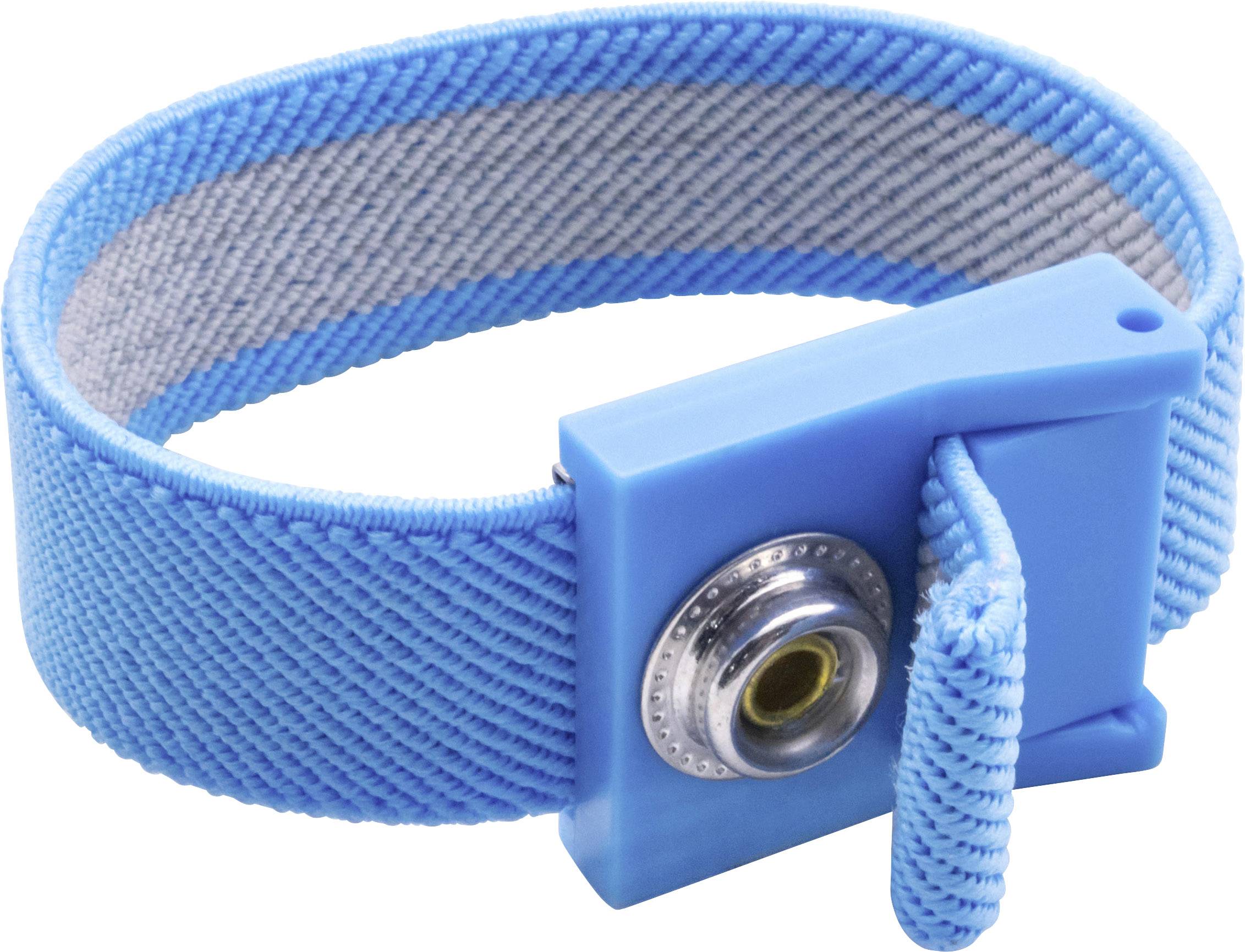 Un bracelet antistatique bleu pour une utilisation lors du travail avec des appareils électroniques sensibles.