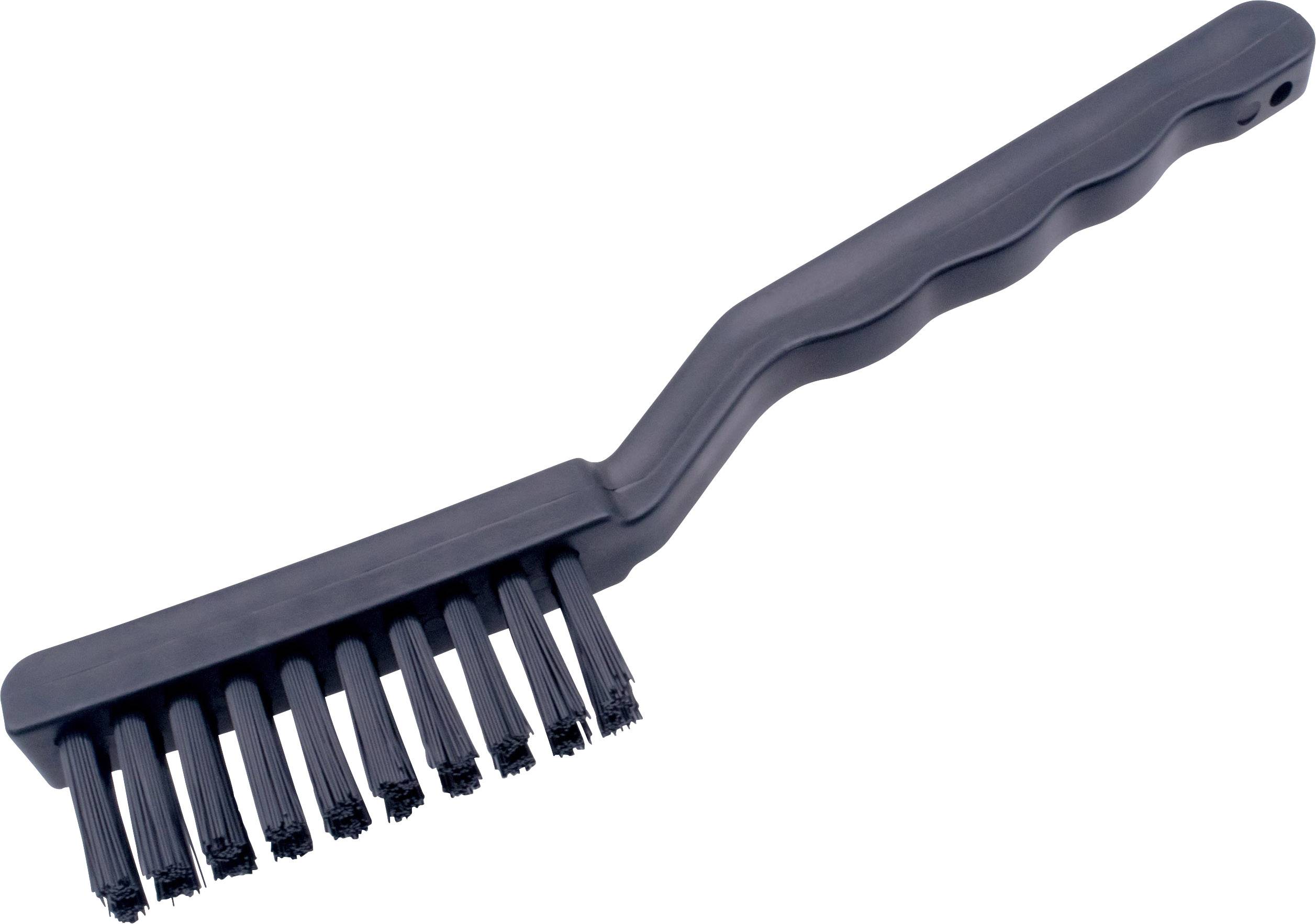 'Brosse de nettoyage noire à long manche et poils raides, adaptée pour nettoyer les interstices et les endroits difficiles d'accès.'