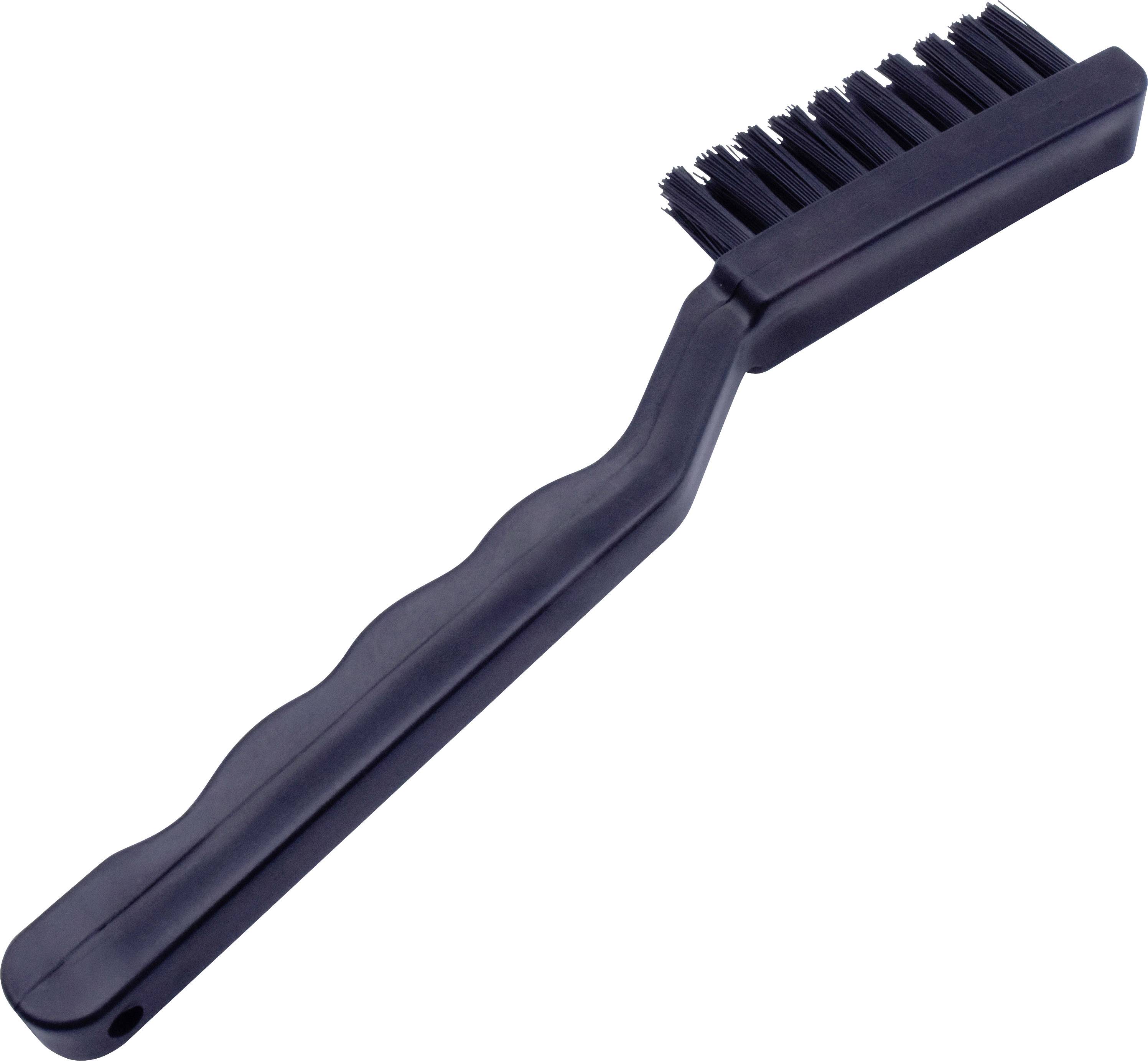 Une brosse métallique noire avec une poignée crantée en plastique, adaptée pour le nettoyage de petits endroits difficiles d'accès.