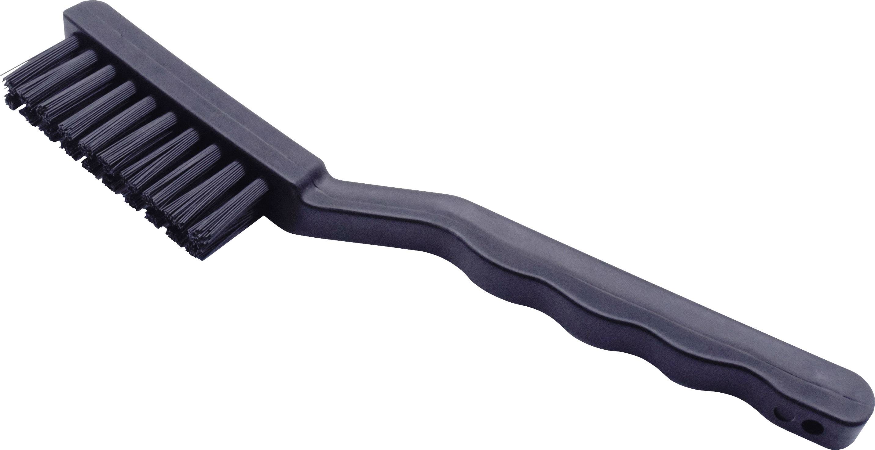 Une brosse de nettoyage noire avec un long manche ergonomique et des poils denses, utilisée pour le nettoyage et l'entretien.