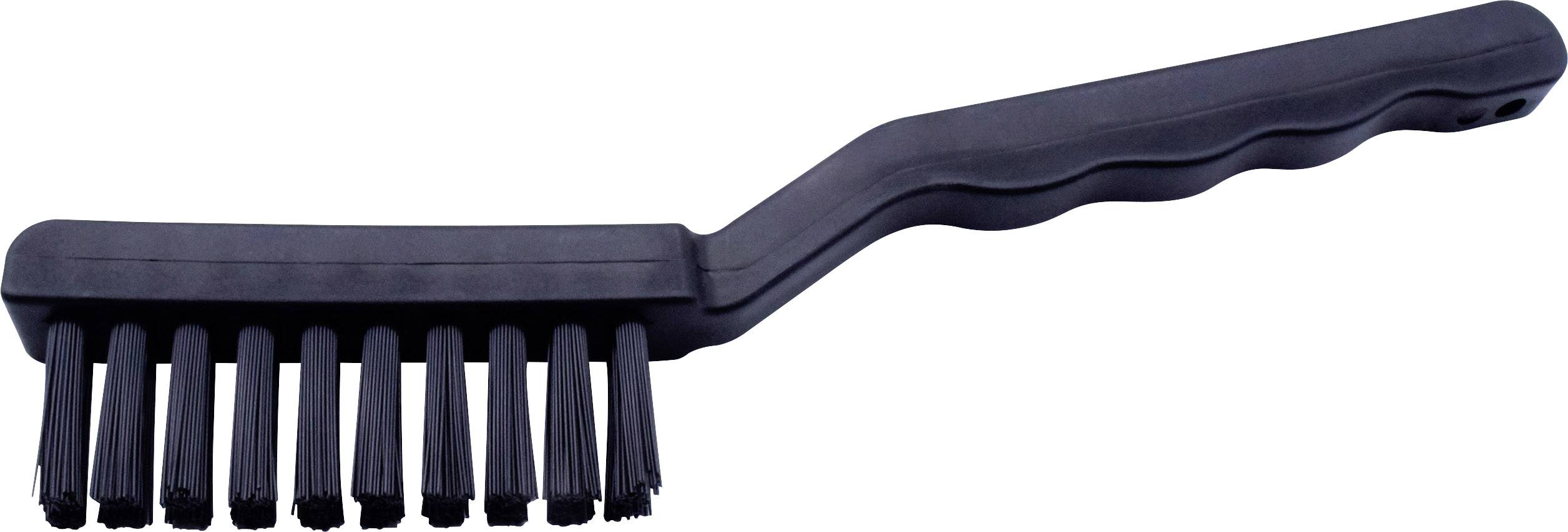 Brosse de nettoyage noire à long manche et poils durs, adaptée pour récurer les surfaces.
