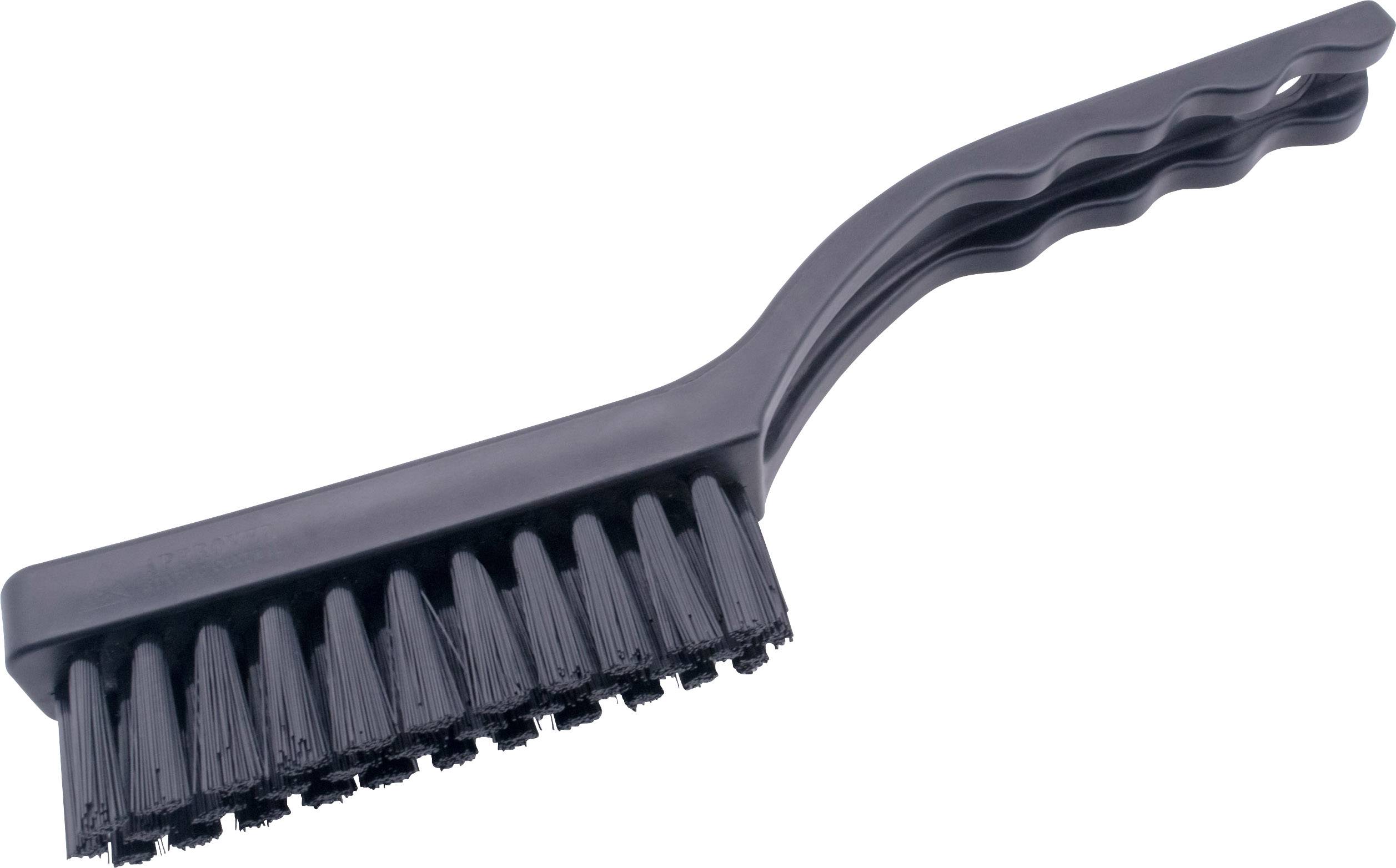 Un brosse à main noire avec des poils robustes et une poignée ergonomique, adaptée aux travaux de nettoyage intensifs.