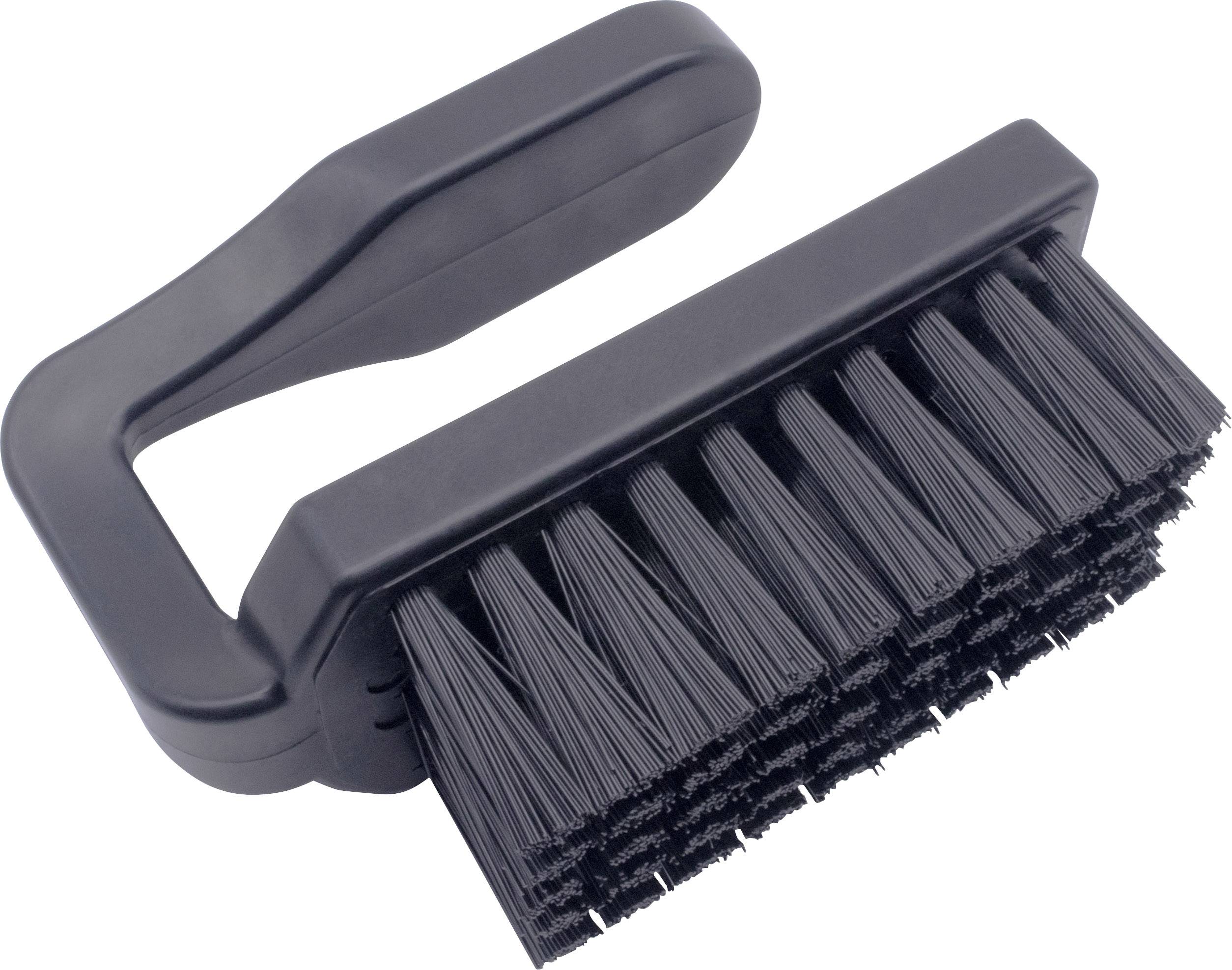 Une brosse de nettoyage noire avec poignée, conçue pour une manipulation aisée. Elle possède des poils denses et est parfaitement adaptée aux salissures tenaces.