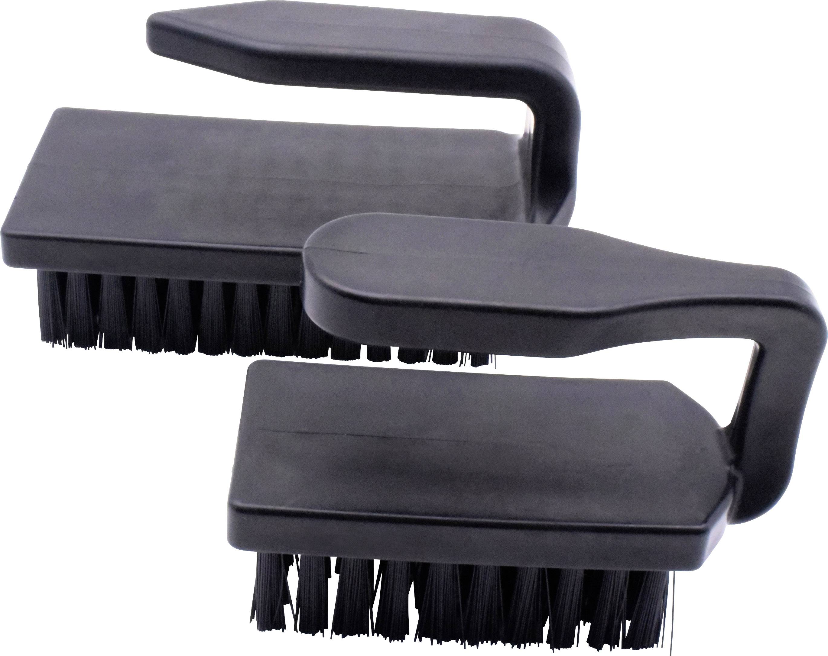 Deux brosses noires avec une poignée rectangulaire, adaptées aux travaux de nettoyage, sur un fond blanc.
