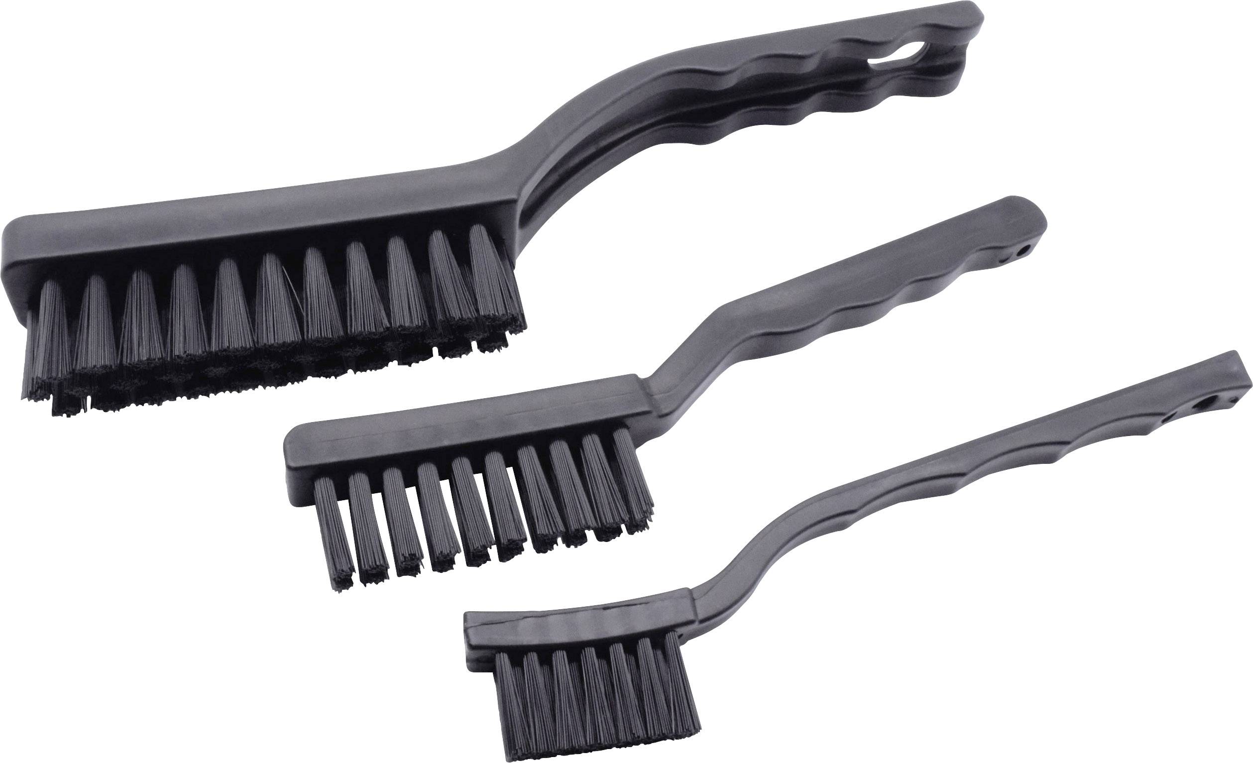Trois brosses de nettoyage noires de différentes tailles avec des poignées en plastique, disposées côte à côte.