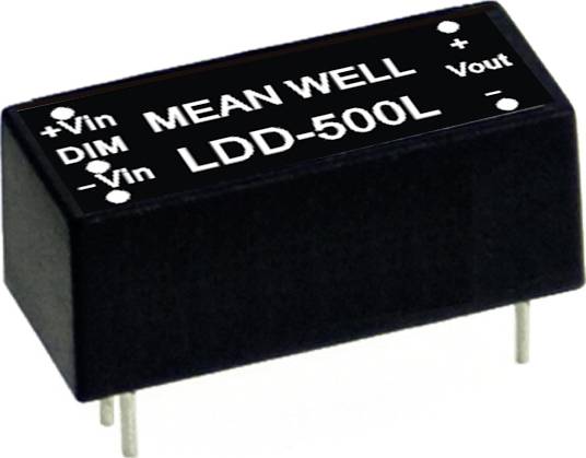 Régulateur de tension Schwarzer Mean Well, modèle 'LDD-500L', avec bornes d'entrée (+Vin, -Vin) et de sortie (Vout, DIM).