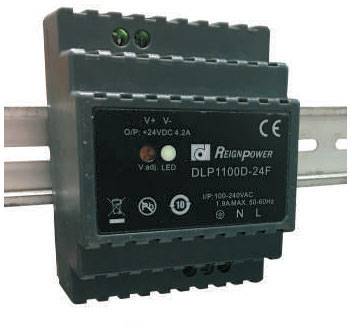 Unité d'alimentation électrique montée sur rail DIN, modèle DLP1100D-24F de Reignpower, entrée 100-240V CA, sortie 24V CC, 2A.