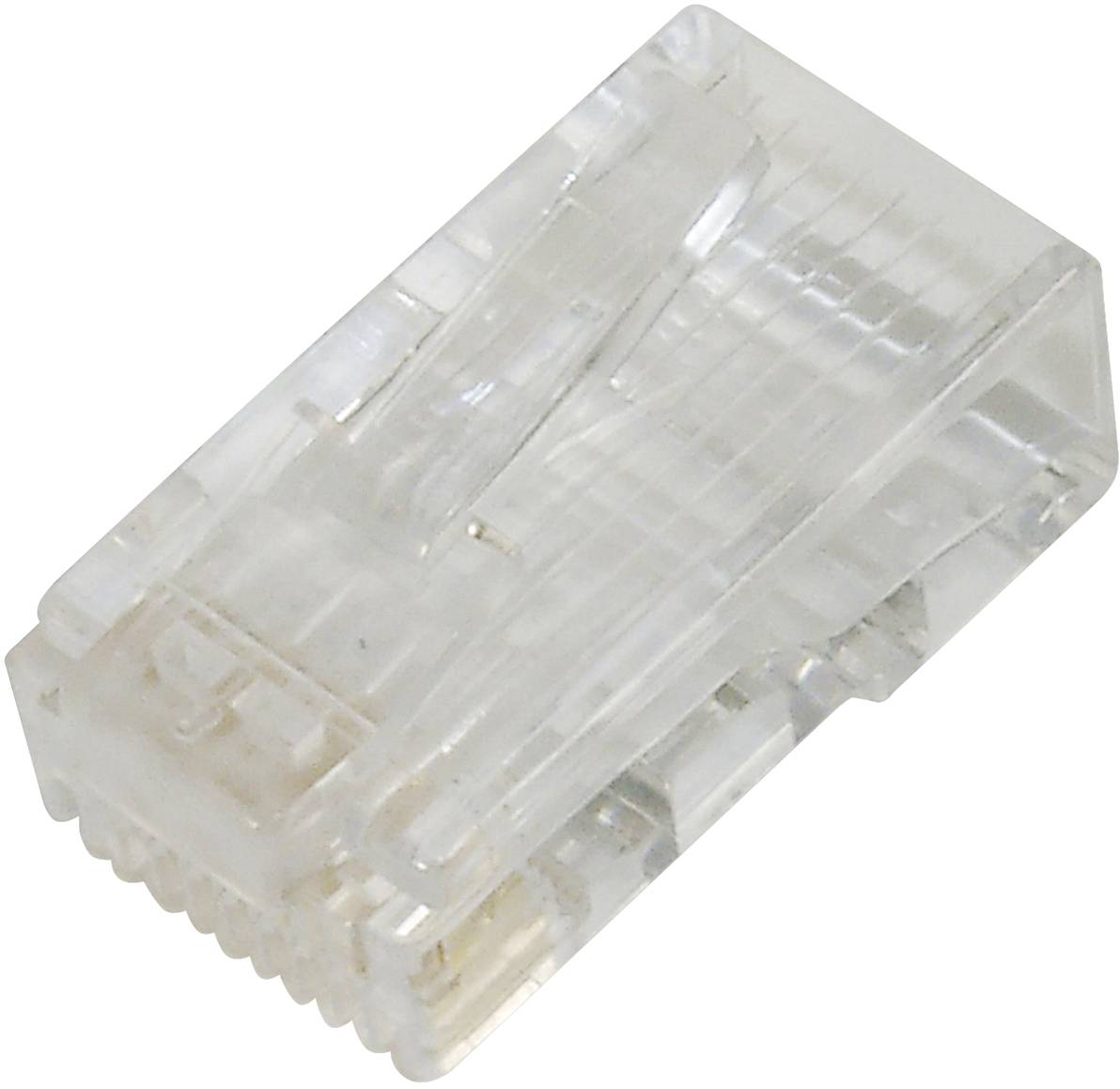 Un connecteur RJ45 transparent pour câble réseau, représenté de côté, montre l'ouverture pour les brins de câble et le clip en plastique.