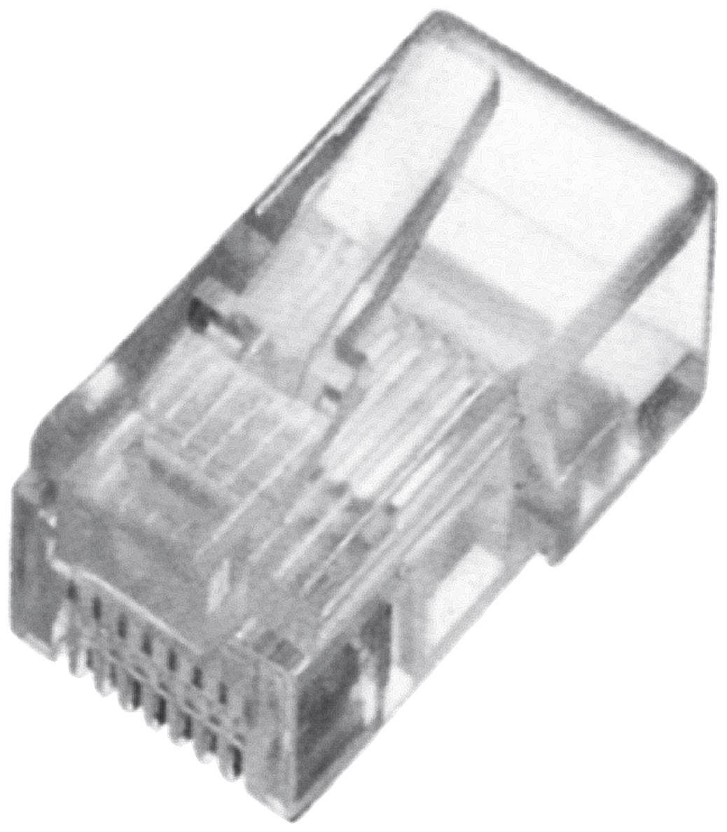 Un boîtier Ethernet rectangulaire transparent avec huit contacts métalliques pour les connexions réseau.