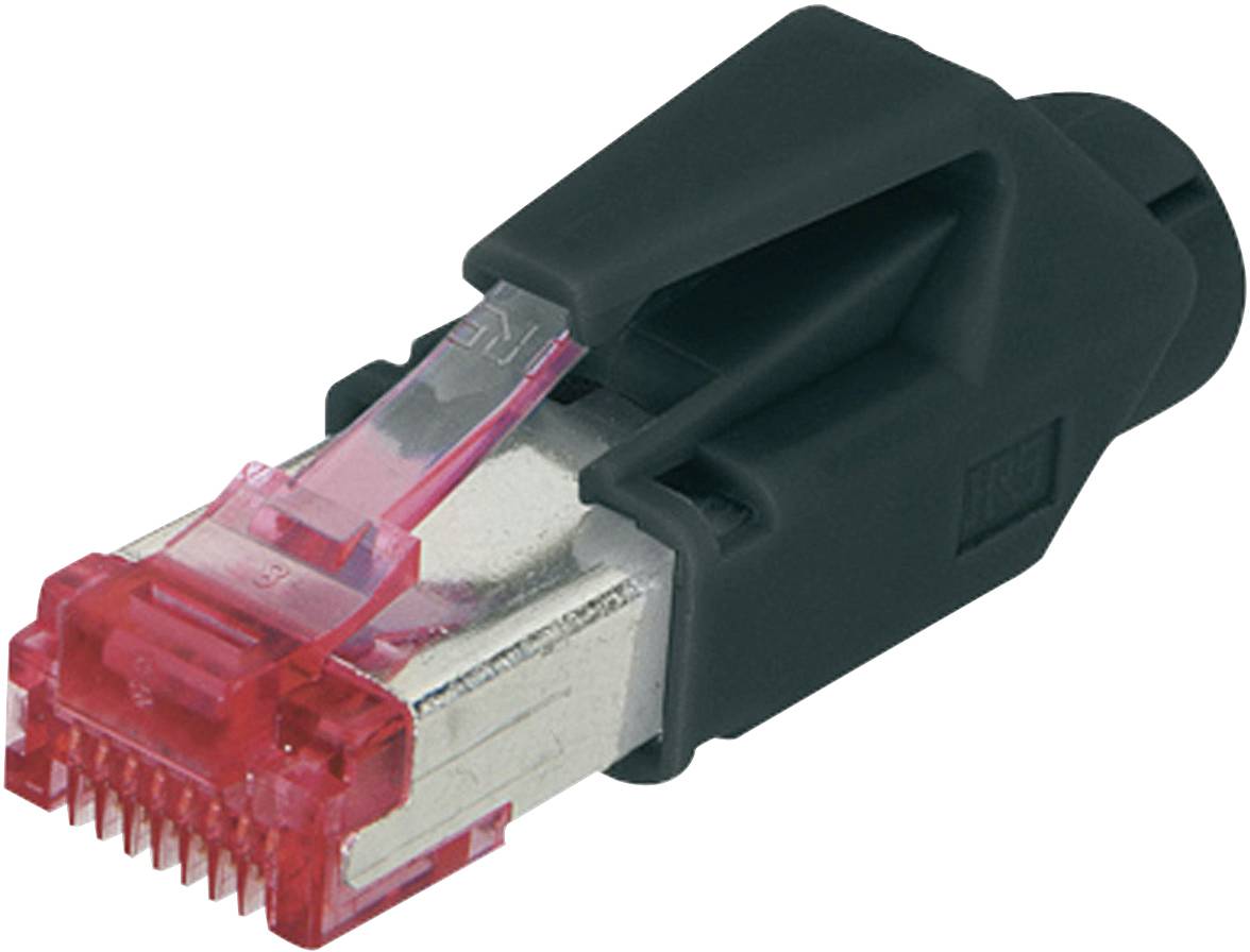 Une prise Ethernet à gaine noire et clip rouge, utilisée pour la connexion réseau.