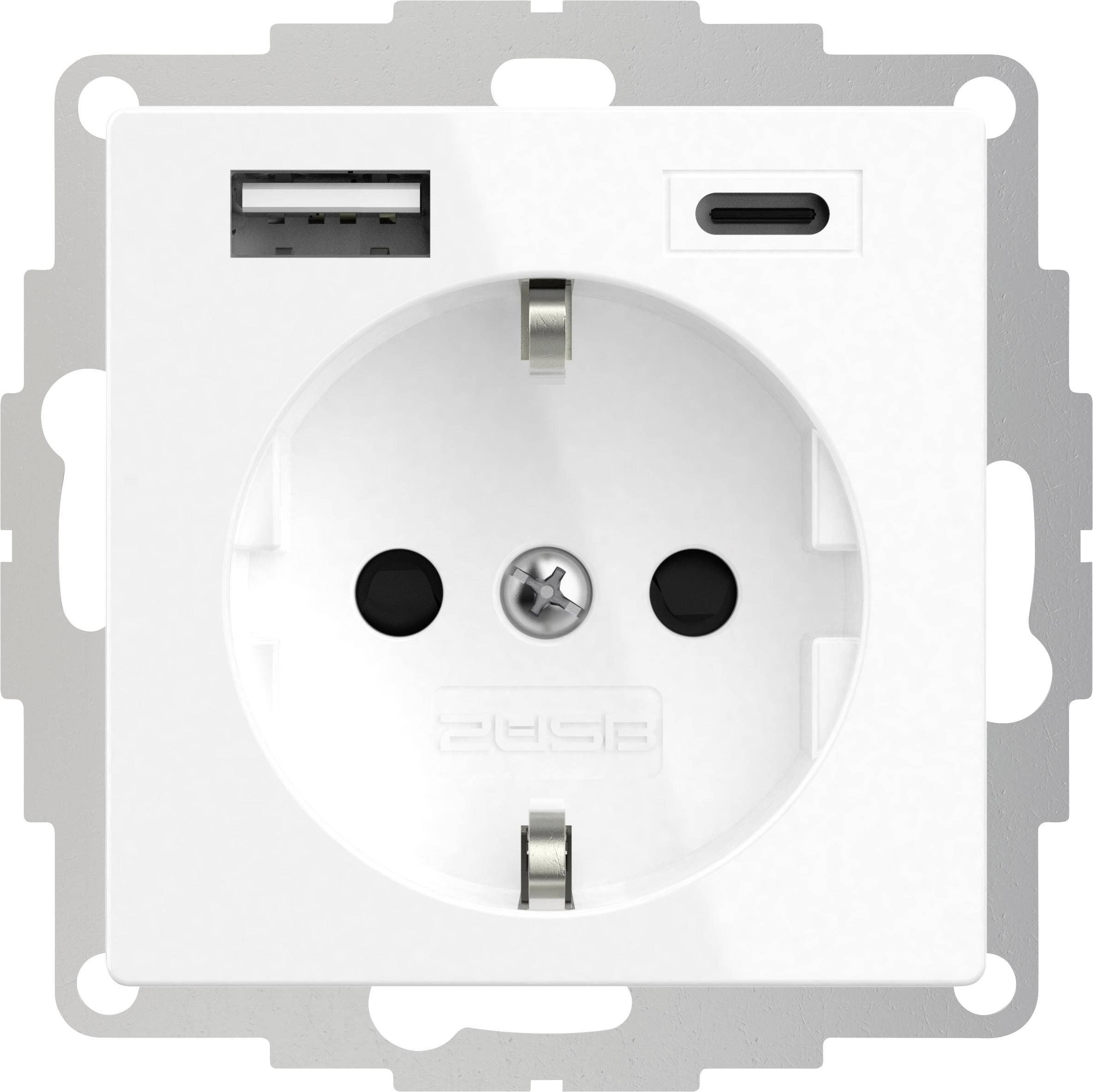 2USB 2U-449511 simple Prise à contact de protection avec sortie de charge USB, sécurité enfants, norme VDE IP20 blanc pur
